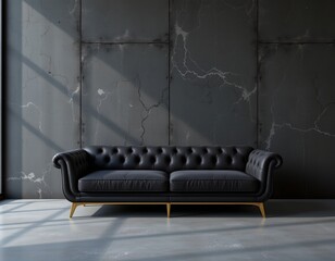 high quality, luxury black sofa against dark concrete wall, golden shine style, subject at bottom with copy space at top.