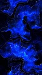Blue lights flow in dark shapes. Abstract fluid designs create a vivid pattern. It looks like waves under the ocean.