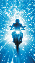 A person rides a dark motorcycle with bright light toward a blue space with many star like specks in the distance.
