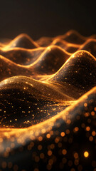 Golden waves shimmer and shine, they are covered in tiny lights, with a dark space background dotted with stars.