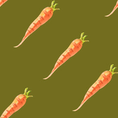 Carrots. Watercolor seamless pattern fresh orange carrots on a warm green background. Botanical hand drawn food illustration. Hand drawn for kitchen textile design, food packaging, wrapping paper