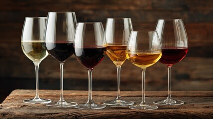 Selection of fine wines in elegant glasses on a rustic wooden surface