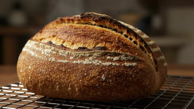 Close up view of freshly baked artisan bread loaf