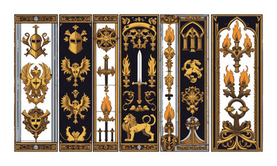 Vector illustration inspired by a medieval heraldic and Gothic ornamental motif collection, such as knight helmets, swords, lions, griffins, dragons, Pegasus, flaming torches, easily editable.
