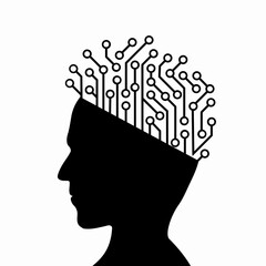 Silhouette of a human head with an electronic circuit instead of hair. Isolated on a white background. Vector illustration