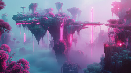 A fantasy world aesthetic emerges from the surreal digital landscape of floating islands, dreamlike fog, neon plants, and alien-style architecture.

