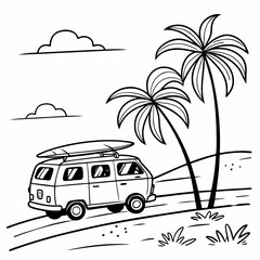 Retro camper van with surfboard on roof, palm trees, clean cutout