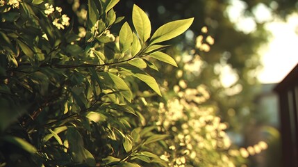 Fototapeta premium Lush green leaves and delicate white flowers illuminated by soft sunlight in a tranquil garden setting