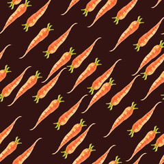 Carrots. Watercolor seamless pattern fresh orange carrots on a dark brown background. Botanical hand drawn food illustration. Hand drawn for kitchen textile design, food packaging, wrapping paper