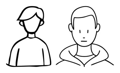 Obraz premium Vector Two minimalist figures one with a blank face and the other with crossed arms are depicted as simple vector illustrations.