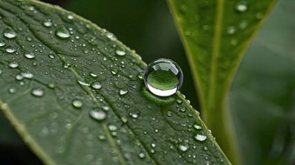 Close-up of a water droplet in the middle of a leaf