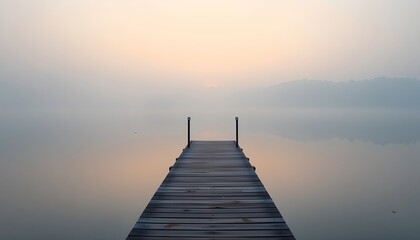 Obraz premium a tranquil lakeside view with wooden platform disappearing into the mist, soft morning fog over still water, pastel grey and light peach tones, minimalist and atmospheric