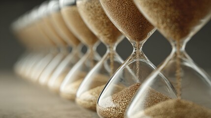 Time's Progression: An artistic display of several hourglasses aligned, subtly hinting at the passage of time, showcasing the beauty of this classical time measurement tool.