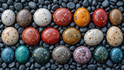 Speckled easter eggs on dark pebbles