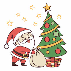 Jolly santa claus with a big bag of gifts by a decorated christmas tree