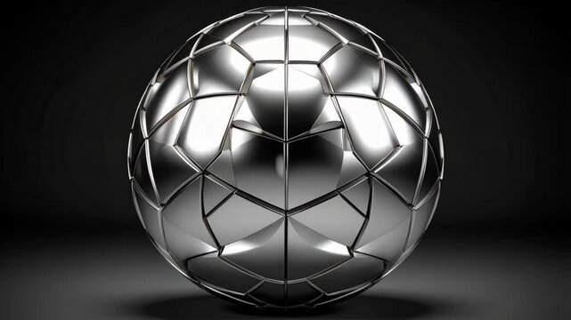 Symmetrical chrome sphere with geometric pattern, shiny metallic surface, digital art rendering on dark gradient backdrop for futuristic abstract concept