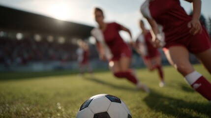 Close up of female soccer players in red uniforms running towards soccer ball on grassy field during match. sun sets in background, creating dynamic and energetic atmosphere