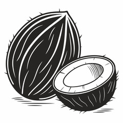 Whole coconut and half coconut black and white illustration