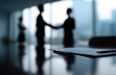 Business people shaking hands in office, symbolizing partnership and collaboration. blurred background emphasizes professional atmosphere, creating sense of trust and agreement