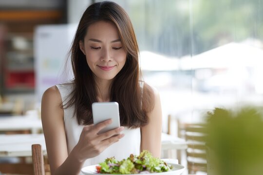 Happy Asian woman using smartphone to order food while enjoying fresh salad in bright restaurant. She appears relaxed and content, immersed in her digital experience