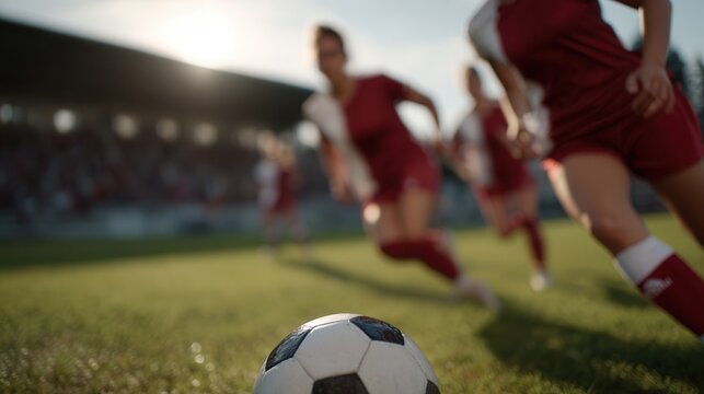 Close up of female soccer players in red uniforms running towards soccer ball on grassy field during match. sun sets in background, creating dynamic and energetic atmosphere - Powered by Adobe