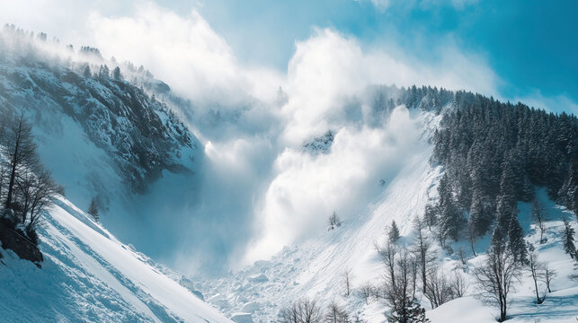 Avalanche cascading down snowy mountain side with debris cloud