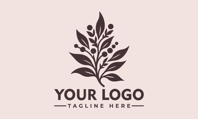 Minimalist botanical illustration of a leafy plant with small berries and flowing branches. Nature and organic concept