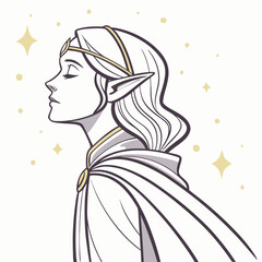 Serene elf woman profile line art magical fantasy illustration © Akshay