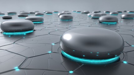 Fototapeta premium Futuristic scene with smooth metallic oval objects surrounded by glowing blue rings, hovering over a patterned hexagonal surface emitting soft blue light.