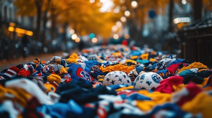 Community event showcases colorful soccer jerseys on vibrant streets urban setting photography autumn atmosphere