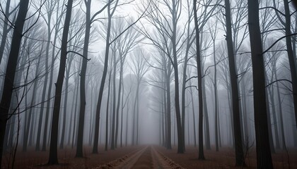 Naklejka premium foggy woodland scene with tall leafless trees partially obscured by morning mist — conveys quiet melancholy and peace