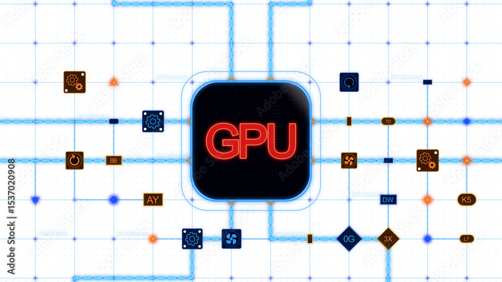 Poster red gpu at the center of a rounded rectangle with circuit, connections and blue grid on a transparen