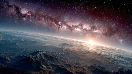 A glowing spiral galaxy with radiant stars, nebulae, and cosmic dust set against a dark starlit sky in deep outer space