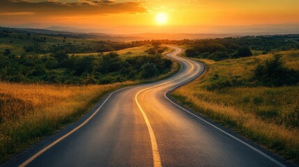 Naklejka premium Winding road sunset at countryside landscape photography nature scenic view peaceful environment