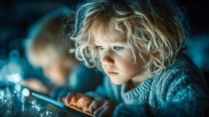 Young child concentrating on a tablet while using a stylus, engaging in a colorful interactive learning game in a classroom setting