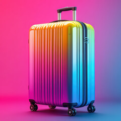 A colorful suitcase with rainbow stripes sits on a pink background. The suitcase is open and ready for use