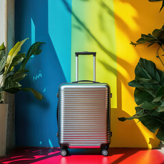 A silver suitcase is sitting on a colorful wall. The suitcase is open and ready to be packed. The colorful wall behind the suitcase creates a vibrant and lively atmosphere