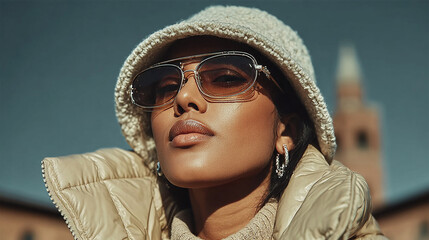 Woman in bucket hat and sunglasses looking at the camera.