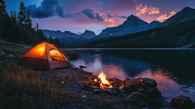 Campfire glowing beside mountain tent at dusk