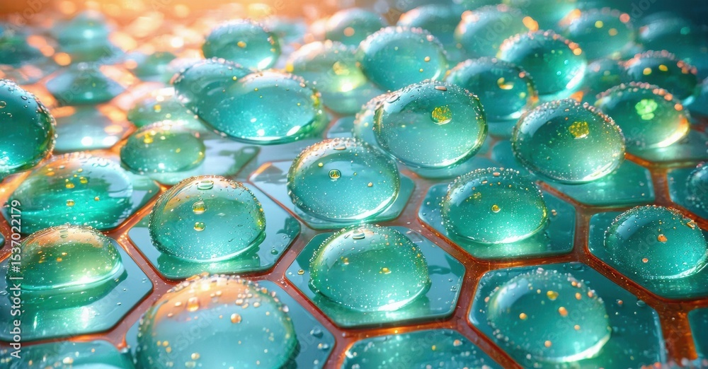 Poster hexagonal droplets cover surface. teal, orange hues create abstract texture. light reflects, sparkle
