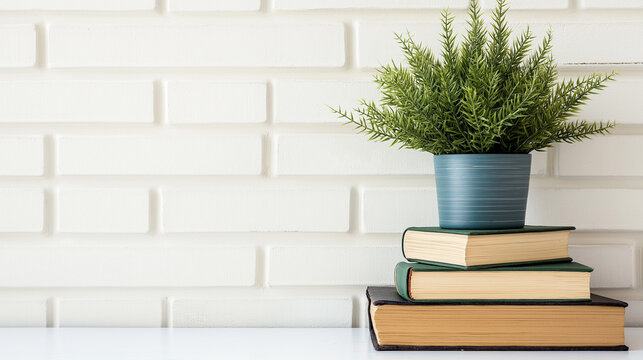 Plant on stack of books over white brick wall minimal