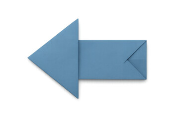 Blue origami arrow pointing left on transparent background, ideal for presentations, websites, and graphic design projects