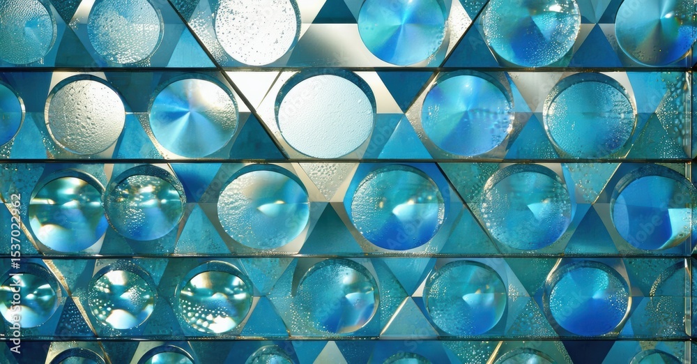 Poster Geometric glass panels create abstract pattern. Blue tones dominate, reflecting light, forming interesting shapes. Modern design element.
