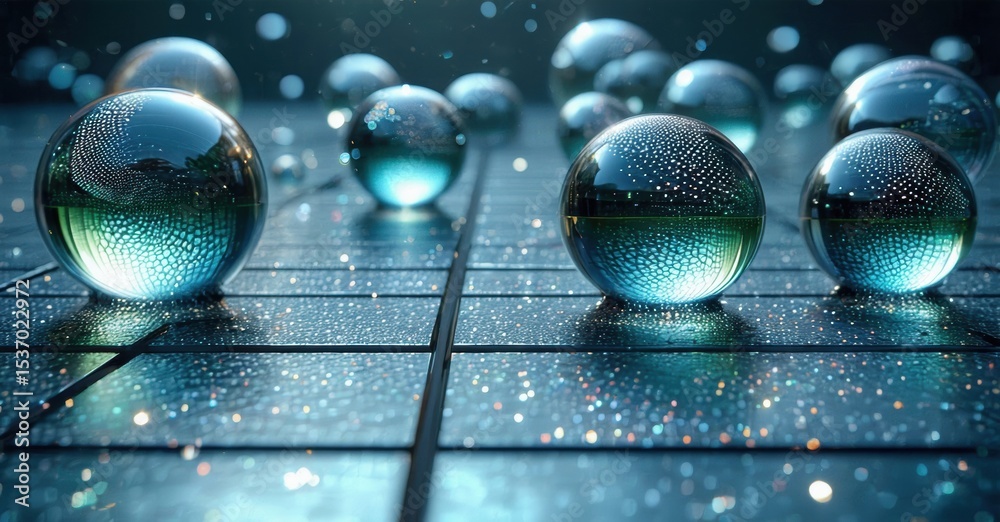 Poster glass spheres rest upon dark grid. reflections shimmer, creating futuristic, digital aesthetic. subt