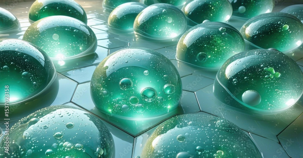 Poster Glossy bubbles rest upon hexagonal grid. Teal hues dominate, creating futuristic feel. Light reflects, highlighting droplets within spheres.