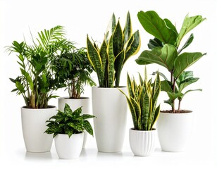 Obraz premium Plants in white ceramic pot- ficus lyrata, Sansevieria, pachira, zz zamioculcas zamii 