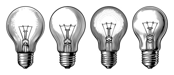 Vector Four vintage lightbulbs showcase detailed internal structures in a .