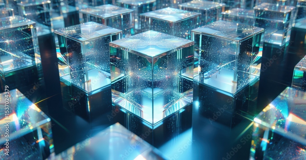 Poster abstract cubes glow, reflecting light. digital network, futuristic design, vibrant blue tones domina