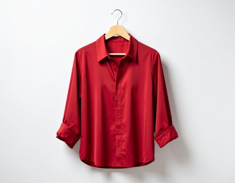 Red colour blouse is clothes hanger on white background. 