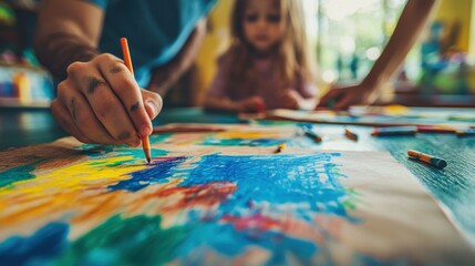 Obraz premium Creative drawing session with kids in a cozy home environment colorful art exploration family bonding